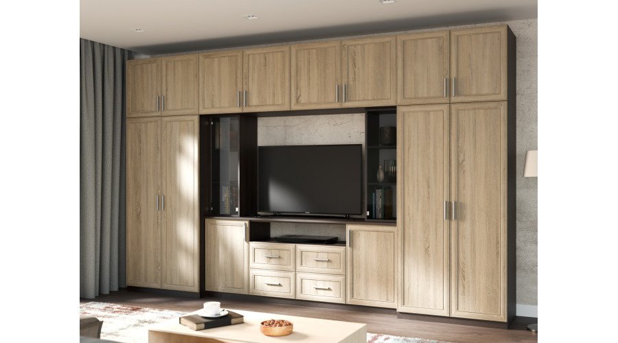 Modern wall cabinet with spacious cabinets and TV cabinet 380 × 240 cm Sonoma Ciemna / Sonoma Jasna – NESTO - Image 2