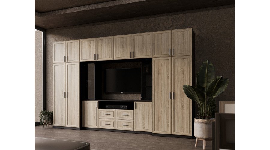 Modern wall cabinet with spacious cabinets and TV cabinet 380 × 240 cm Sonoma Ciemna / Sonoma Jasna – NESTO - Image 3