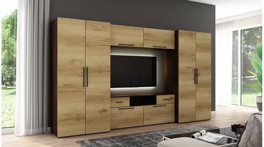 Modern wall cabinet with spacious cabinets, TV and extensions 330 × 189 cm Sonoma Dark / Grand Oak – ZEUS - Image 2