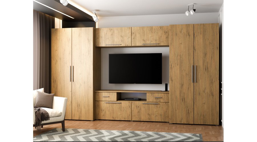 Modern wall cabinet with spacious cabinets, TV, extensions and cabinets 330 × 189 cm Lancelot Oak – ZEUS - Image 2