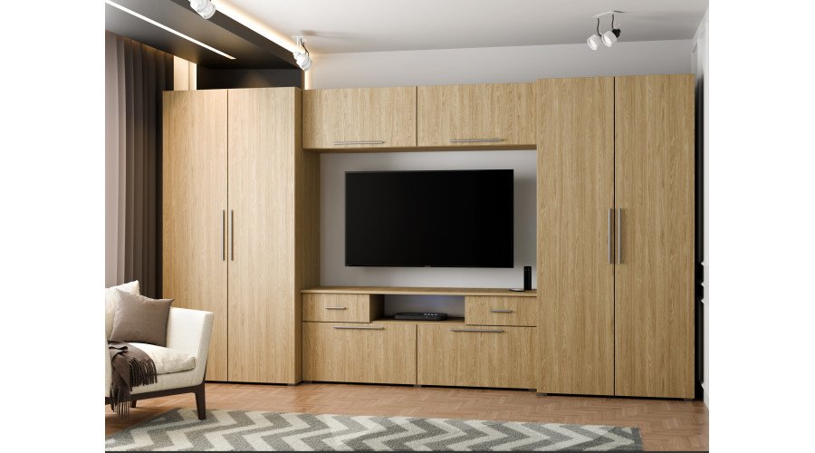 Modern wall cabinet with spacious cabinets, TV, extensions and cabinets 330 × 189 cm, oiled oak - ZEUS - Image 2
