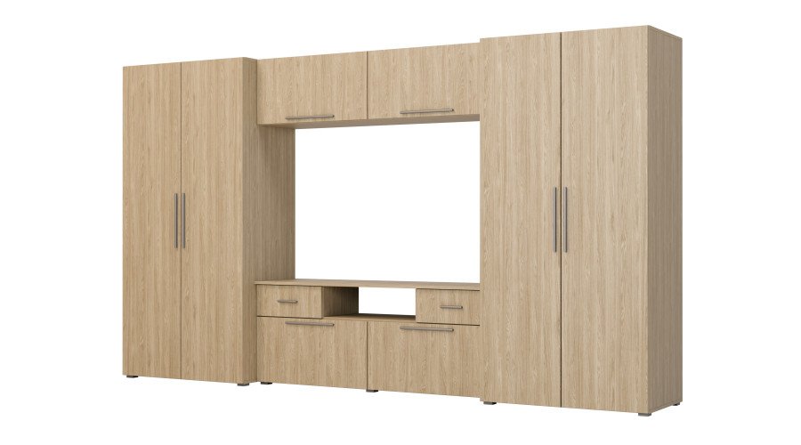 Modern wall cabinet with spacious cabinets, TV, extensions and cabinets 330 × 189 cm, oiled oak - ZEUS