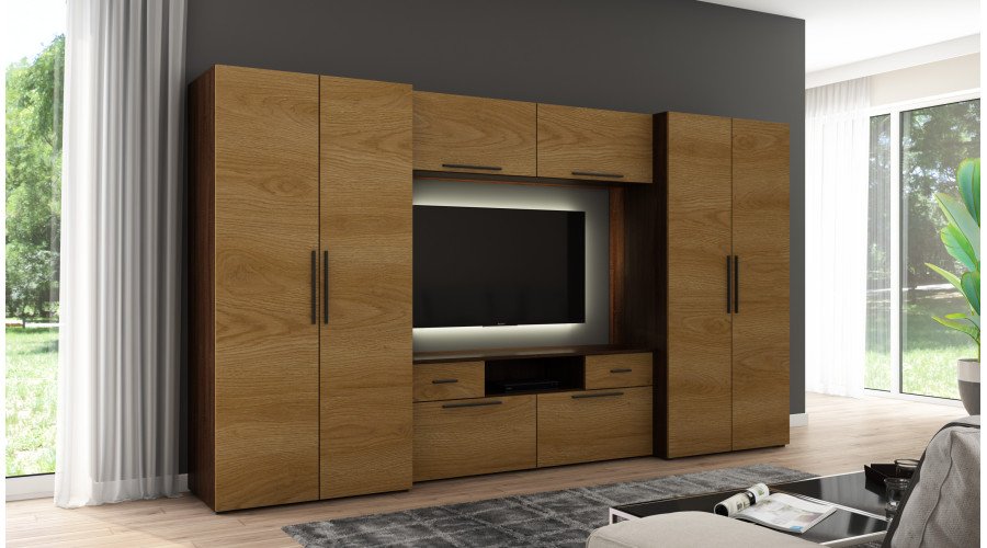 Modern wall cabinet with spacious cabinets, TV, extensions and cabinets 330 × 189 cm Dark Sonoma / Caramel Oak – ZEUS - Image 2