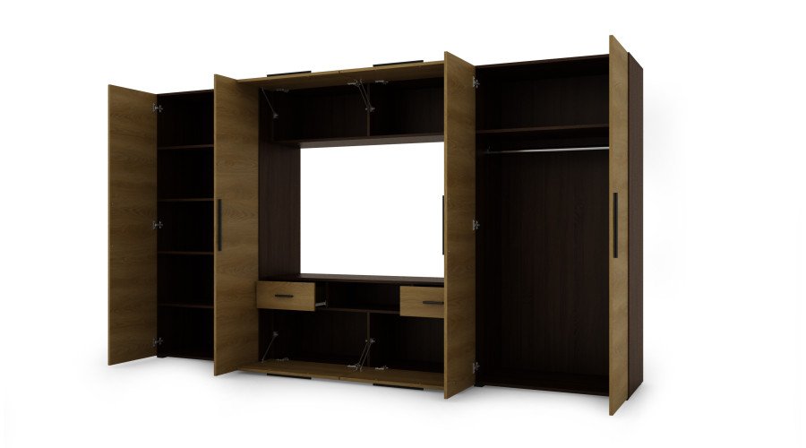 Modern wall cabinet with spacious cabinets, TV, extensions and cabinets 330 × 189 cm Dark Sonoma / Caramel Oak – ZEUS - Image 3