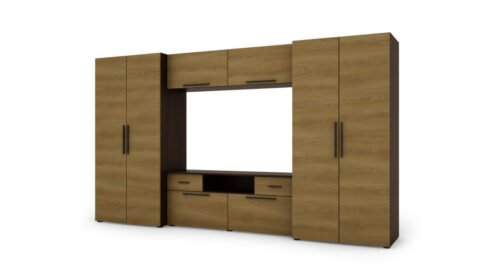 Modern wall cabinet with spacious cabinets, TV, extensions and cabinets 330 × 189 cm Dark Sonoma / Caramel Oak – ZEUS