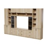 Spacious wall cabinet with open shelves, drawers and cabinets, 340 × 220 cm, American Oak – MODENA