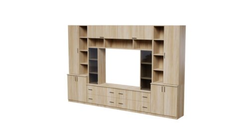 Spacious wall cabinet with open shelves, drawers and cabinets, 340 × 220 cm, American Oak – MODENA