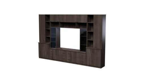 Spacious wall cabinet with open shelves, drawers and cabinets, 340 × 220 cm, Dąb Carpenter Coffee – MODENA