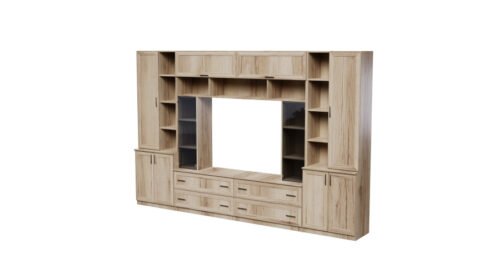 Spacious wall cabinet with open shelves, drawers and cabinets, 340 × 220 cm, Grand Natural Oak, MODENA