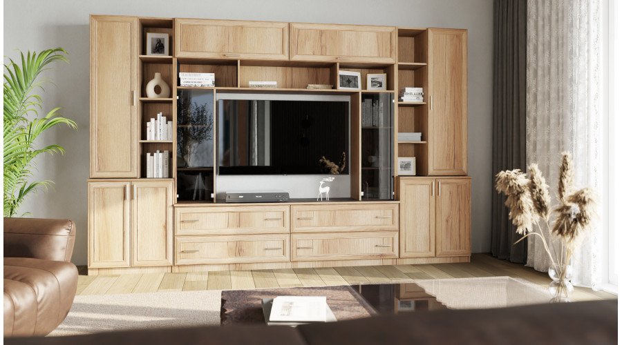 Spacious wall cabinet with open shelves, drawers and cabinets, 340 × 220 cm, Grand Natural Oak, MODENA - Image 2