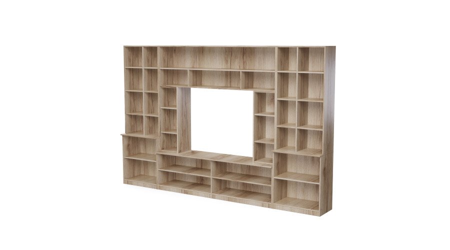 Spacious wall cabinet with open shelves, drawers and cabinets, 340 × 220 cm, Grand Natural Oak, MODENA - Image 3