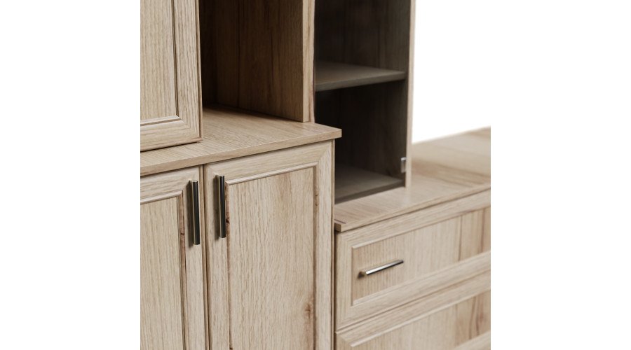 Spacious wall cabinet with open shelves, drawers and cabinets, 340 × 220 cm, Grand Natural Oak, MODENA - Image 4