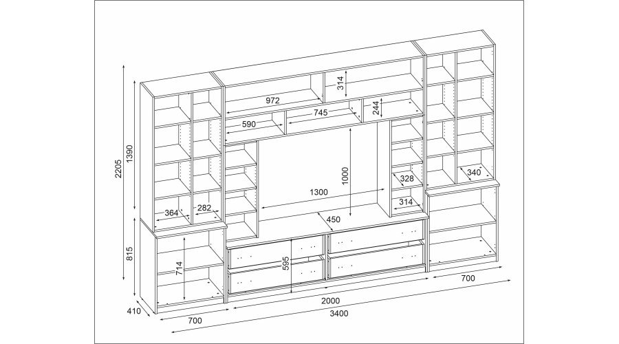 Spacious wall cabinet with open shelves, drawers and cabinets, 340 × 220 cm, Grand Natural Oak, MODENA - Image 5