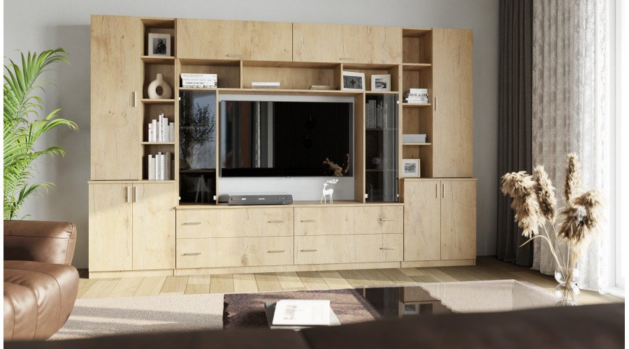Spacious wall cabinet with open shelves, drawers and cabinets, 340 × 220 cm, Dab Lancelot – MODENA - Image 2