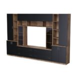 Spacious wall cabinet with open shelves, drawers and cabinets, 340 × 220 cm, Lefkas Oak / Black Onyx – MODENA