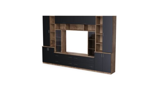 Spacious wall cabinet with open shelves, drawers and cabinets, 340 × 220 cm, Lefkas Oak / Black Onyx – MODENA