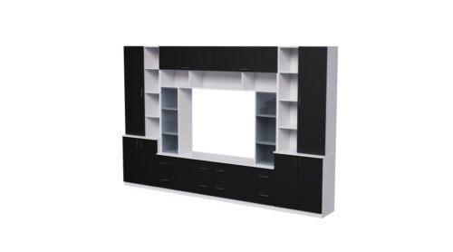 Spacious wall cabinet with open shelves, drawers and cabinets, 340 × 220 cm, Śnieżna Biel / Czarny Onyx – MODENA