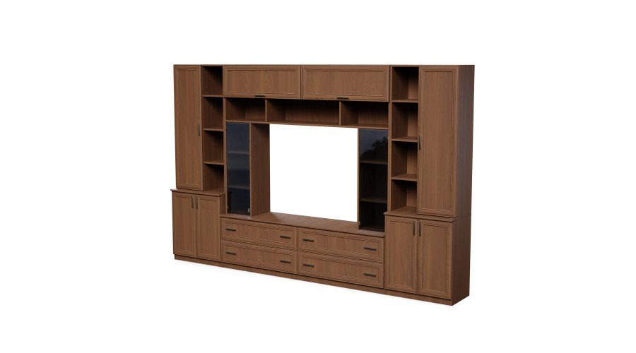 Spacious wall cabinet with open shelves, drawers and cabinets 340 × 220 cm Wiśnia Porto – MODENA