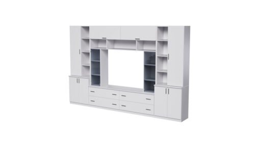 Spacious wall cabinet with open shelves, drawers and cabinets 340 × 220 cm Biel – MODENA