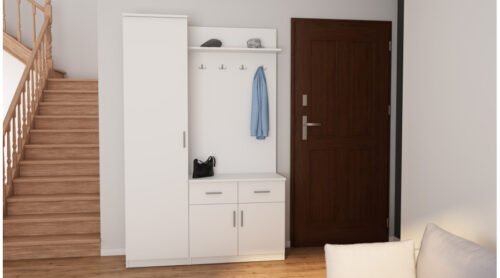 Hallway 130 – hallway wardrobe with seat, drawers, closed shelves, hanger