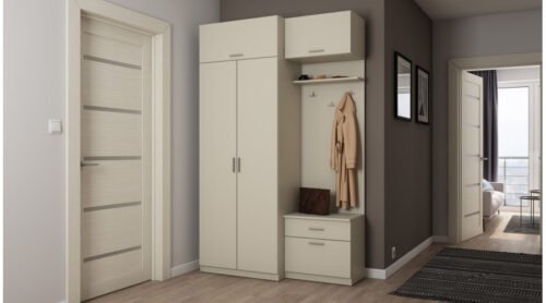 Hallway 140 – hallway wardrobe with seat, drawers, closed shelves, hanger