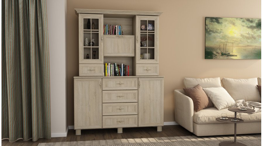 Glass display cabinet with cabinets and drawers, 150 cm, Sonoma Jasna – VERA - Image 2