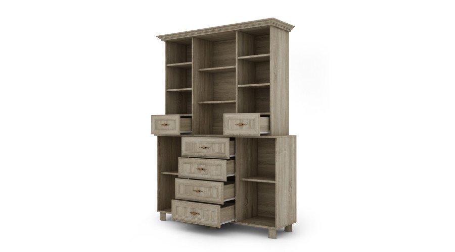 Glass display cabinet with cabinets and drawers, 150 cm, Sonoma Jasna – VERA - Image 5