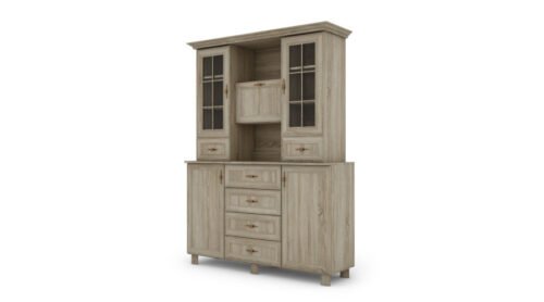 Glass display cabinet with cabinets and drawers, 150 cm, Sonoma Jasna – VERA
