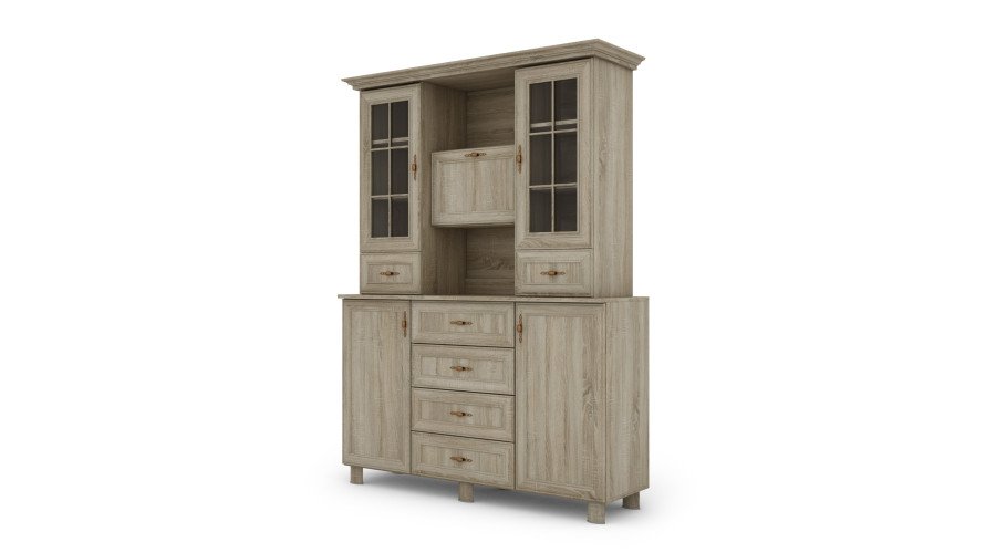 Glass display cabinet with cabinets and drawers, 150 cm, Sonoma Jasna – VERA