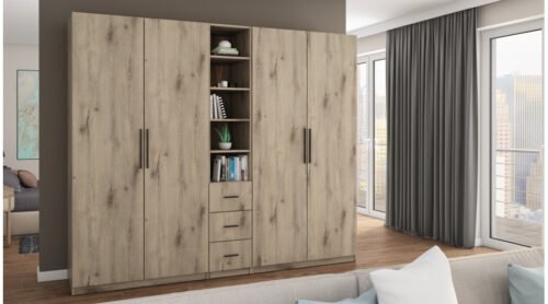 Wardrobe 260/220 – clothes hangers, internal shelves, external drawers, open niches