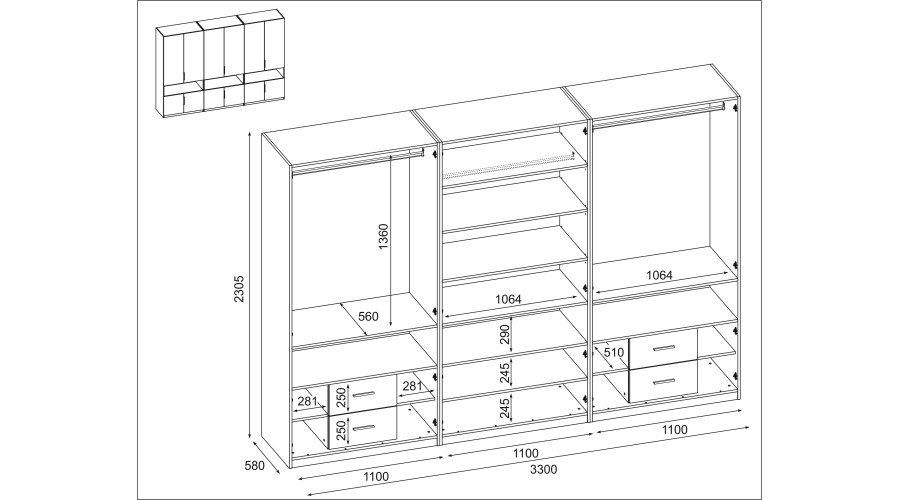 Wardrobe 330/230 - clothes rack, internal shelves, spacious internal drawers, niches with shelves - Image 4