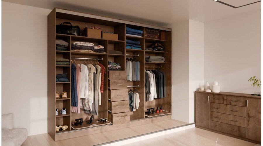 Wardrobe 4D/300 - hangers for hanging clothes, pull-out shelves, space for an ironing board, drawers - Image 3