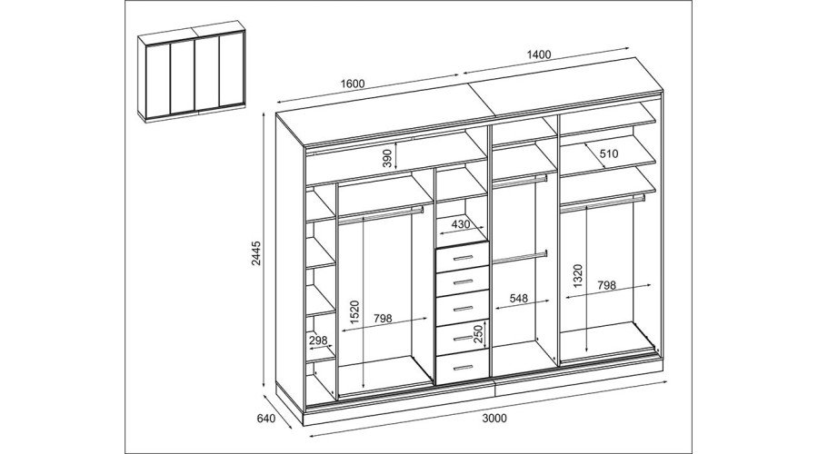 Wardrobe 4D/300 - hangers for hanging clothes, pull-out shelves, space for an ironing board, drawers - Image 4