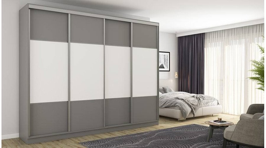 Wardrobe 4D/300 - hangers for hanging clothes, pull-out shelves, space for an ironing board, drawers