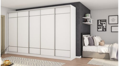Wardrobe 5D/400 with hangers for hanging clothes, pull-out shelves, space for an ironing board, drawers