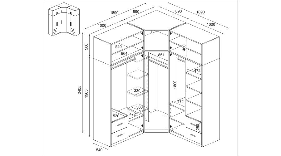 Corner wardrobe 189/240 - hanging rails, spacious drawers, shelves - Image 5
