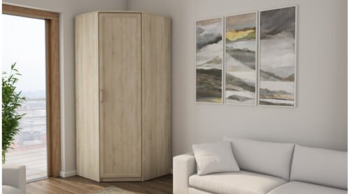 Corner wardrobe – hanging rail, shelves