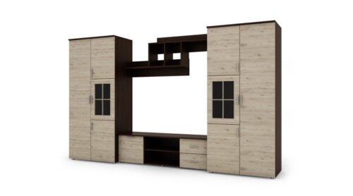Multifunctional wall cabinet with cabinets and TV area 330 × 200 cm, dark Sonoma Ciemna / Bordeaux Oak – JOWISZ