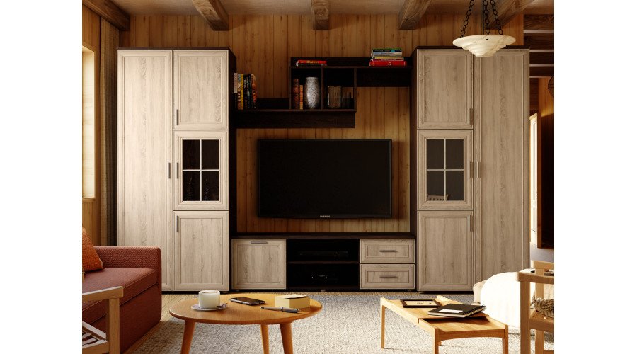 Multifunctional wall cabinet with cabinets and TV area 330 × 200 cm Sonoma Ciemna / Sonoma Jasna – JOWISZ - Image 2