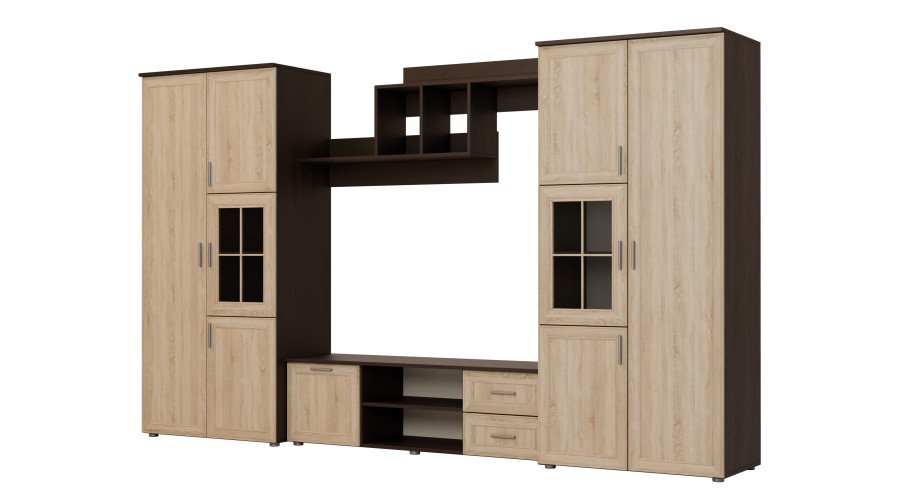 Multifunctional wall cabinet with cabinets and TV area 330 × 200 cm Sonoma Ciemna / Sonoma Jasna – JOWISZ