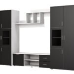 Multifunctional wall cabinet with cabinets and TV area 330 × 200 cm, Light Grey / Black – JOWISZ