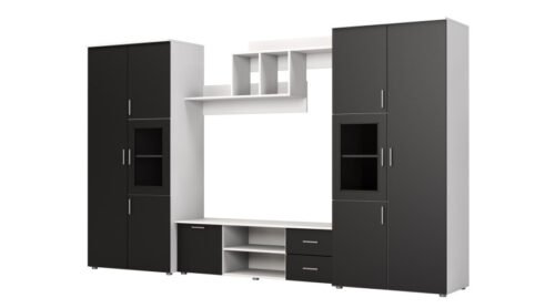 Multifunctional wall cabinet with cabinets and TV area 330 × 200 cm, Light Grey / Black – JOWISZ