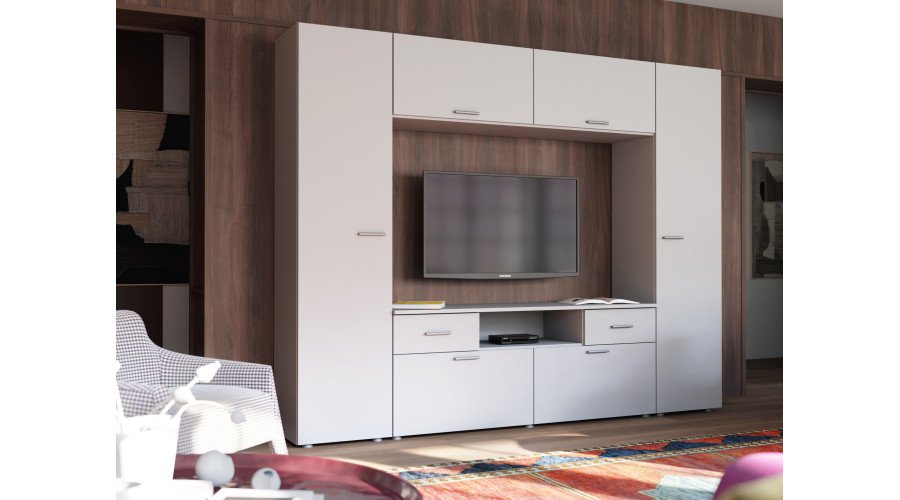 Built-in wall cabinet with space for TV 240 × 190 cm, Light Grey – PLUTON - Image 2